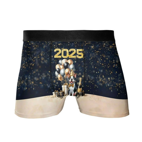 Happy New Year Boston Terrier Welcome 2025 Balloon Firework Party All Over Print Boxer Briefs Underwear for Men Dad Gentleman Dog Lover Gifts - 01014