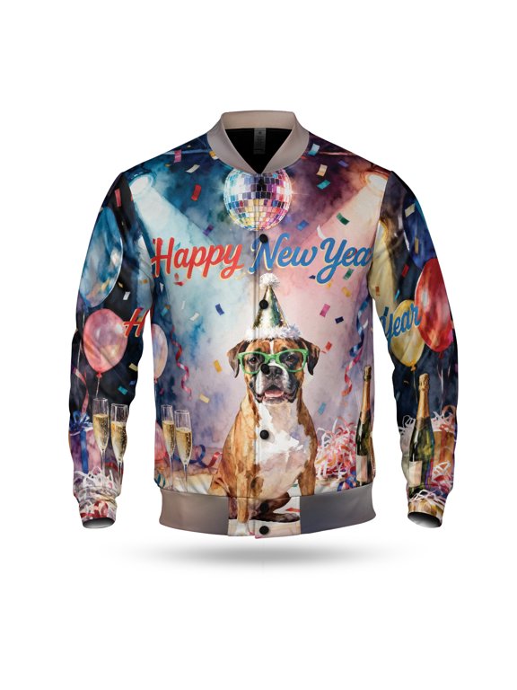 Happy New Year Boxer Chills on Year-End Party All Over Print 3D Baseball Jacket Boxers Dog Lover Gifts Idea Bomber Jacket Softball - 12023