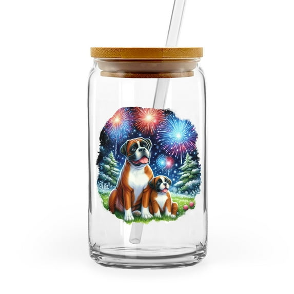 Happy New Year Boxer Family Cheer Winter Midnight Firework 16oz Glass Cup Mug Boxers Dog Lover Gifts Idea Glass Can with Bamboo Lid and Straw - 02025