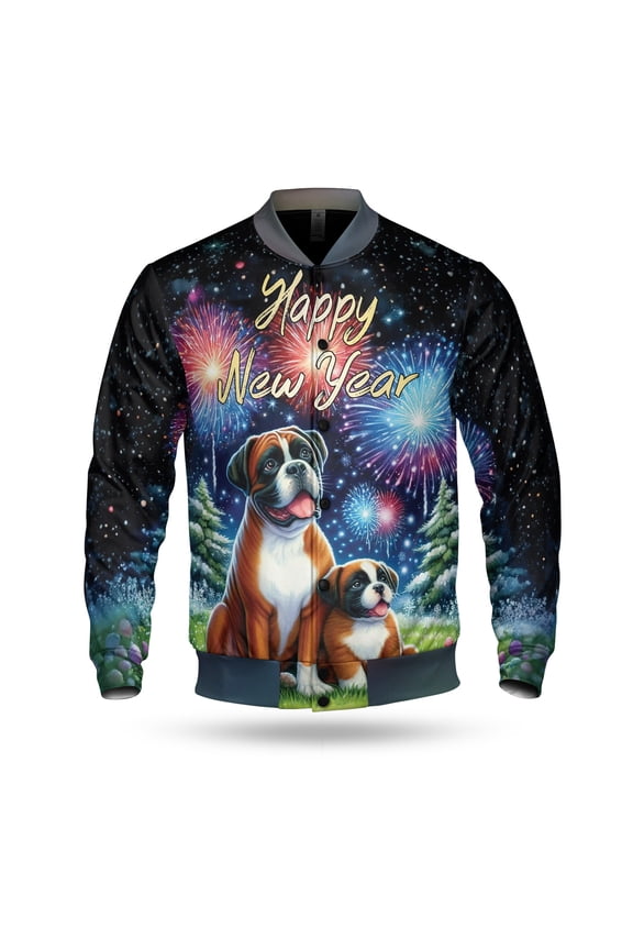 Happy New Year Boxer Family Cheer Winter Midnight Firework All Over Print 3D Baseball Jacket Boxers Dog Lover Gifts Idea Bomber Jacket Softball - 02025