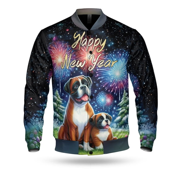 Happy New Year Boxer Family Cheer Winter Midnight Firework All Over Print 3D Baseball Jacket Boxers Dog Lover Gifts Idea Bomber Jacket Softball - 02025