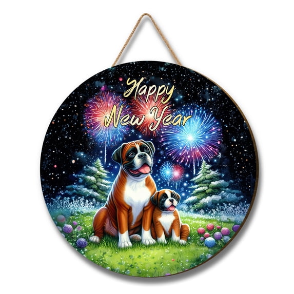 Happy New Year Boxer Family Cheer Winter Midnight Firework Round Wood Sign Boxers Dog Lover Gifts Idea Hanging Wall Home Decor - 02025