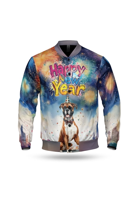 Happy New Year with Boxer Fireworks Holiday Xmas Winter 2025 All Over Print 3D Baseball Jacket Boxers Dog Lover Gifts Idea Bomber Jacket Softball - 00025