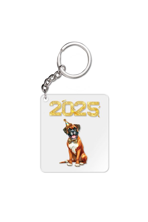 Happy New Year Boxer Welcome 2025 Balloon Firework Party Acrylic Keychain Boxers Dog Lover Gifts Idea Collar Charm Tag Keyring - 01014