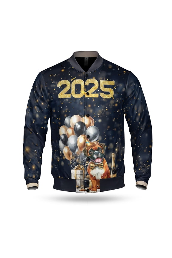 Happy New Year Boxer Welcome 2025 Balloon Firework Party All Over Print 3D Baseball Jacket Boxers Dog Lover Gifts Idea Bomber Jacket Softball - 01014