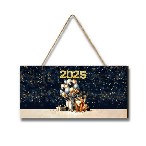 Happy New Year Boxer Welcome 2025 Balloon Firework Party Landscape Wood Sign Boxers Dog Lover Gifts Idea Hanging Wall Home Decor - 01014