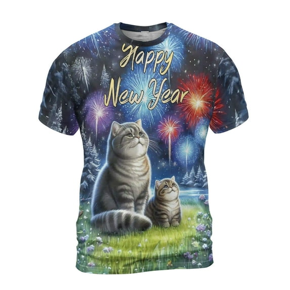 Happy New Year British Shorthair Family Cheer Winter Midnight Firework All Over Print 3D Shirt Unisex Merch Cat Lover Kitten Owner Gifts - 02025