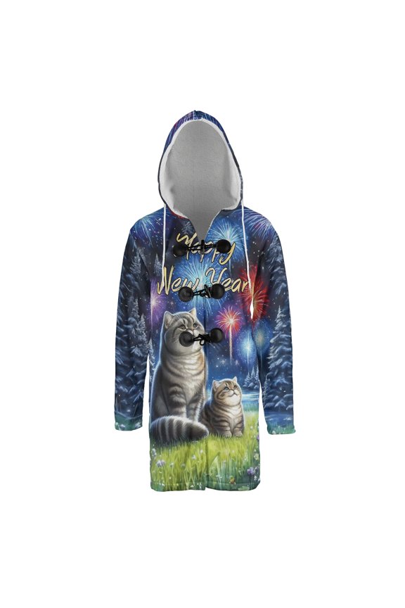 Happy New Year British Shorthair Family Cheer Winter Midnight Firework All Over Print 3D Hooded Duffle Toggle Coat Cat Lover Kitten Owner Gifts - 02025