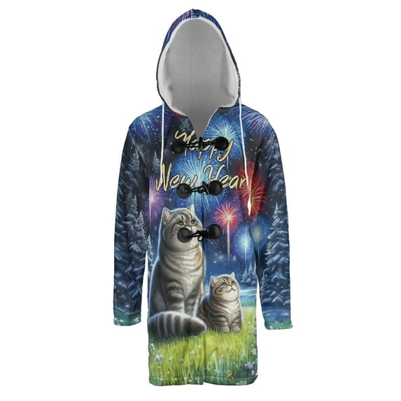 Happy New Year British Shorthair Family Cheer Winter Midnight Firework All Over Print 3D Hooded Duffle Toggle Coat Cat Lover Kitten Owner Gifts - 02025