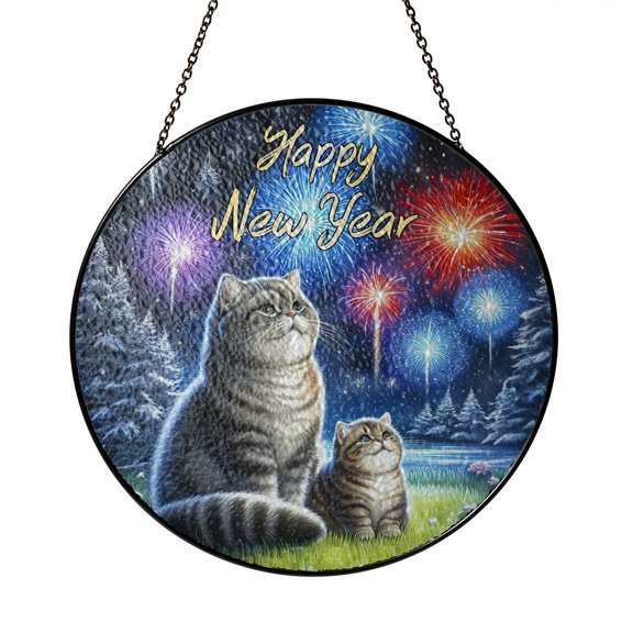 Happy New Year British Shorthair Family Cheer Winter Midnight Firework Stained Glass Suncatcher Cat Lover Kitten Owner Gifts Window Hanging Sign Decor - 02025