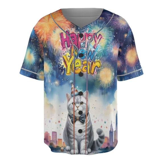 Happy New Year with British Shorthair Fireworks Holiday Xmas Winter 2025 All Over Print 3D Baseball Shirt Cat Lover Kitten Owner Gifts Softball Sport - 00025