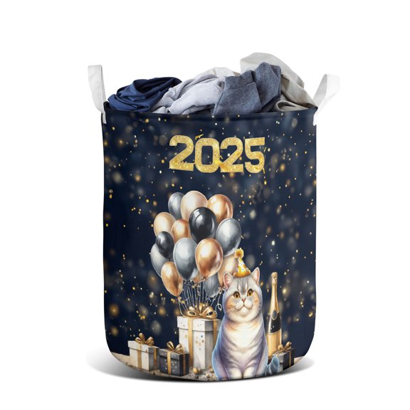 Happy New Year British Shorthair Welcome 2025 Balloon Firework Party Foldable Laundry Basket Cat Lover Kitten Owner Gifts Organizer Storage with Handles - 01014