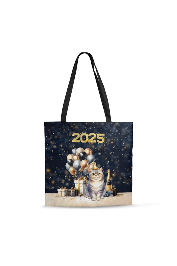 Happy New Year British Shorthair Welcome 2025 Balloon Firework Party All Over Print 3D Canvas Tote Bag Cat Lover Kitten Owner Gifts Reusable Handbag - 01014