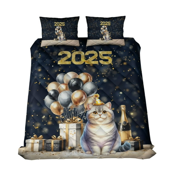 Happy New Year British Shorthair Welcome 2025 Balloon Firework Party Quilt Bedding Set Cat Lover Kitten Owner Gifts 1 Blanket Bed Cover 2 Pillowcases - 01014