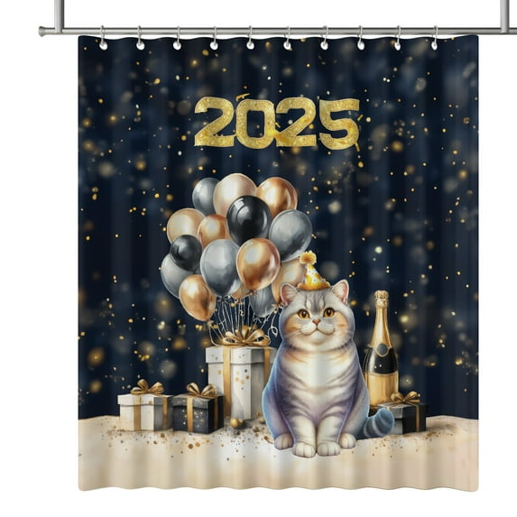 Happy New Year British Shorthair Welcome 2025 Balloon Firework Party Shower Curtain Cat Lover Kitten Owner Gifts Waterproof Bathroom Bathtub Curtain - 01014