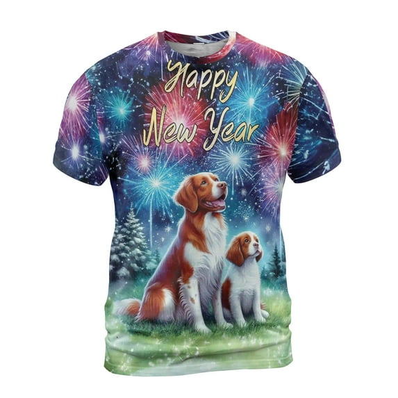 Happy New Year Brittany Spaniel Family Cheer Winter Midnight Firework All Over Print 3D Shirt Unisex Merch Brittany Dog Lover Gifts Idea - 02025