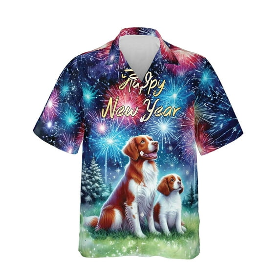 Happy New Year Brittany Spaniel Family Cheer Winter Midnight Firework Hawaiian Shirt Breathable Summer Unisex Merch Brittany Dog Lover Gifts Idea - 02025