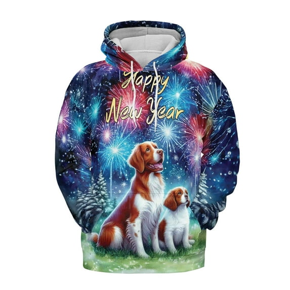 Happy New Year Brittany Spaniel Family Cheer Winter Midnight Firework All Over Print 3D Hoodie Unisex Merch Hoodies Brittany Dog Lover Gifts Idea - 02025