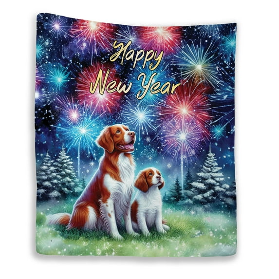 Happy New Year Brittany Spaniel Family Cheer Winter Midnight Firework Quilt Blanket Brittany Dog Lover Gifts Idea Cozy Comforter Throw Blanket - 02025