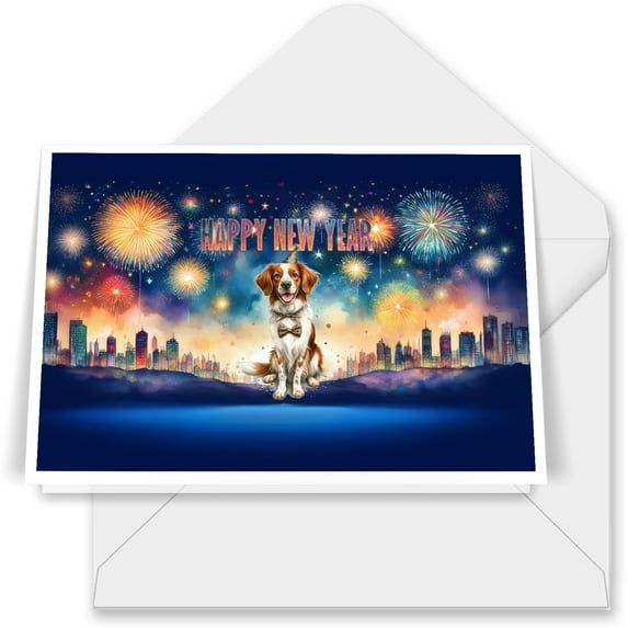 Happy New Year with Brittany Spaniel Fireworks Holiday Xmas Winter 2025 7x5in Folded Greeting Card Brittany Dog Lover Gifts Idea Single Note Card with Envelope - 00025