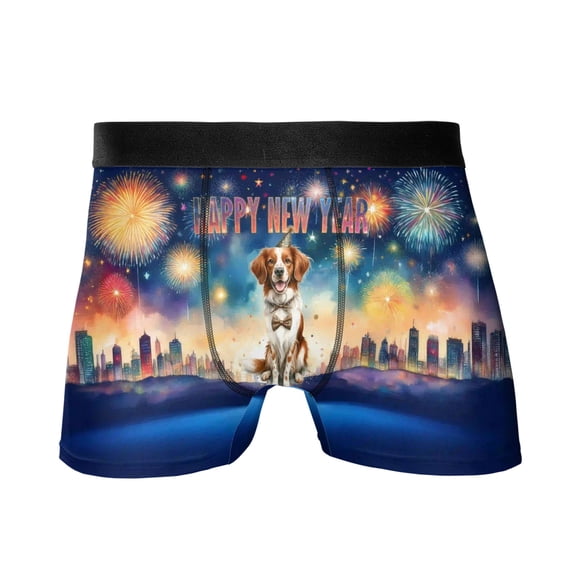 Happy New Year with Brittany Spaniel Fireworks Holiday Xmas Winter 2025 All Over Print Boxer Briefs Underwear for Men Dad Brittany Dog Lover Gifts Idea - 00025