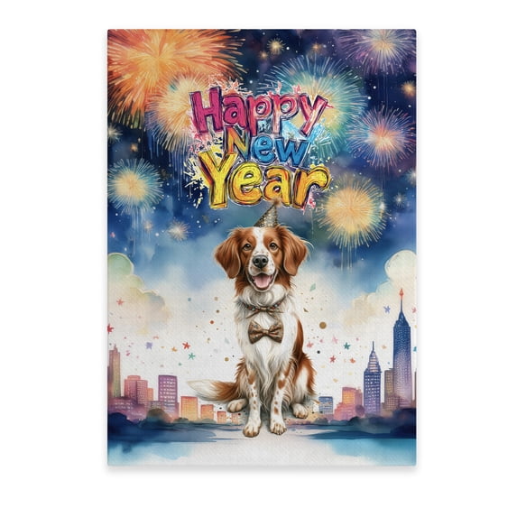 Happy New Year with Brittany Spaniel Fireworks Holiday Xmas Winter 2025 Vertical Matte Canvas Poster Brittany Dog Lover Gifts Idea Wall Art Home Decor - 00025