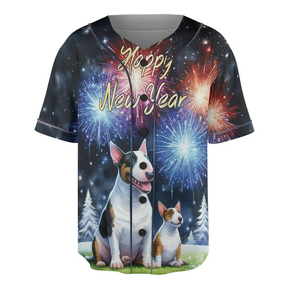 Happy New Year Bull Terrier Family Cheer Winter Midnight Firework All Over Print 3D Baseball Shirt Bully Dog Lovers Gifts Idea Softball Sport - 02025