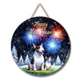 thumbnail image 1 of Happy New Year Bull Terrier Family Cheer Winter Midnight Firework Round Wood Sign Bully Dog Lovers Gifts Idea Hanging Wall Home Decor - 02025, 1 of 5