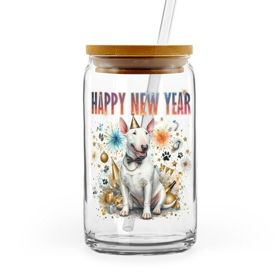 Happy New Year with Bull Terrier Fireworks Holiday Xmas Winter 2025 16oz Glass Cup Mug Bully Dog Lovers Gifts Idea Glass Can with Bamboo Lid and Straw - 00025