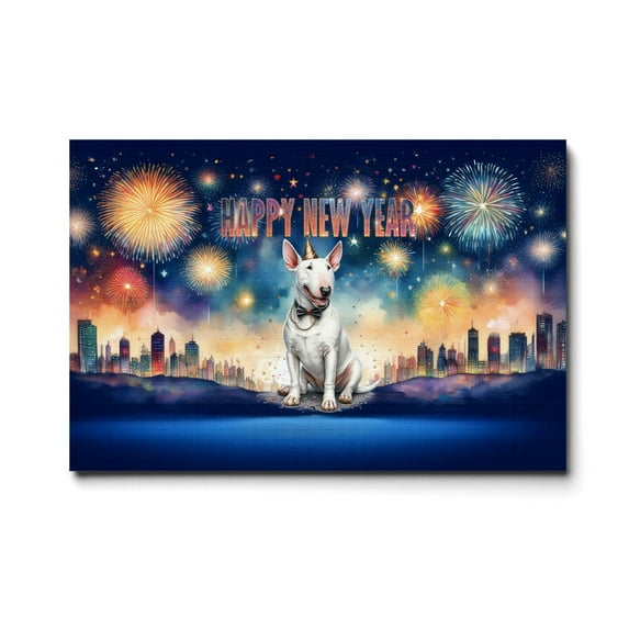 Happy New Year with Bull Terrier Fireworks Holiday Xmas Winter 2025 Horizontal Matte Canvas Poster Bully Dog Lovers Gifts Idea Wall Art Home Decor - 00025