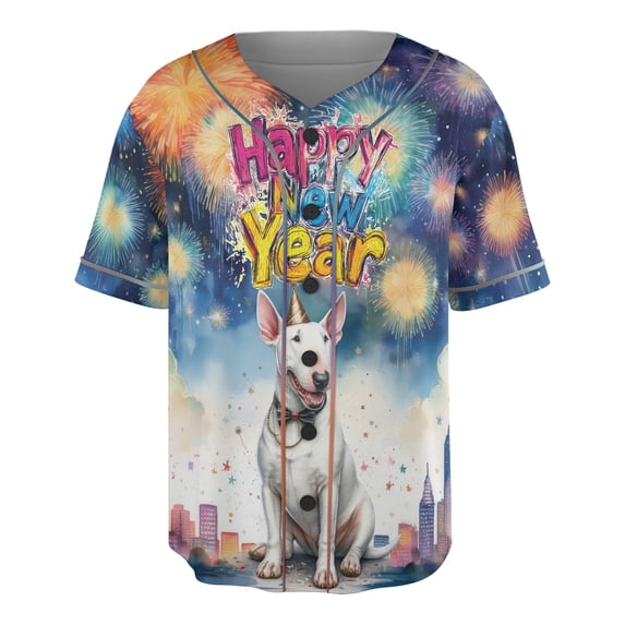 Happy New Year with Bull Terrier Fireworks Holiday Xmas Winter 2025 All Over Print 3D Baseball Shirt Bully Dog Lovers Gifts Idea Softball Sport - 00025