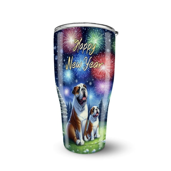 Happy New Year Bulldog Family Cheer Winter Midnight Firework 30oz Stainless Steel Tumbler Insulated Cup with Lid Dog Lover Gifts Idea - 02025
