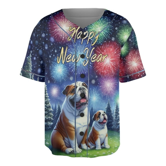 Happy New Year Bulldog Family Cheer Winter Midnight Firework All Over Print 3D Baseball Shirt Dog Lover Gifts Idea Softball Sport - 02025