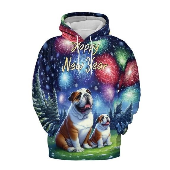 Happy New Year Bulldog Family Cheer Winter Midnight Firework All Over Print 3D Hoodie Unisex Merch Hoodies Dog Lover Gifts Idea - 02025