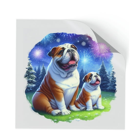 Happy New Year Bulldog Family Cheer Winter Midnight Firework Cutout Transfer Sticker Dog Lover Gifts Idea Transparent Decal Art Decor - 02025