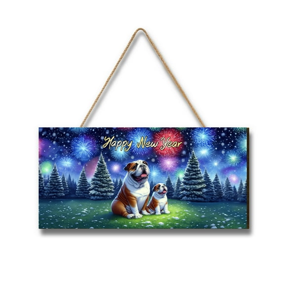 Happy New Year Bulldog Family Cheer Winter Midnight Firework Landscape Wood Sign Dog Lover Gifts Idea Hanging Wall Home Decor - 02025