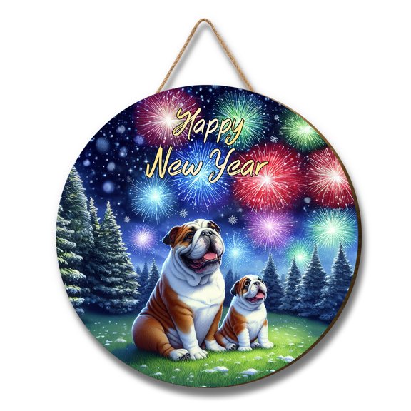 Happy New Year Bulldog Family Cheer Winter Midnight Firework Round Wood Sign Dog Lover Gifts Idea Hanging Wall Home Decor - 02025