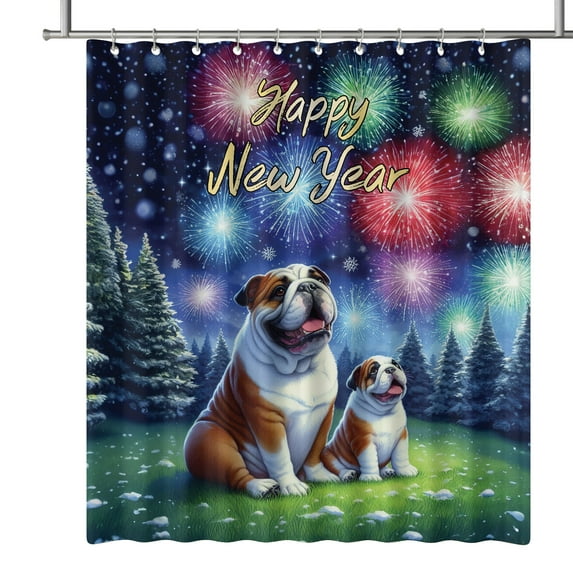 Happy New Year Bulldog Family Cheer Winter Midnight Firework Shower Curtain Dog Lover Gifts Idea Waterproof Bathroom Bathtub Curtain - 02025