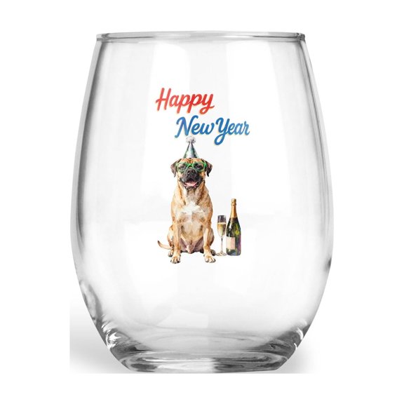Happy New Year Bullmastiff Chills on Year-End Party 15oz Stemless Wine Glass Mug Dog Lover Wine Glasses Cup - 12023