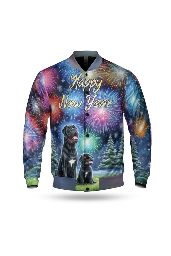 Happy New Year Cane Corso Family Cheer Winter Midnight Firework All Over Print 3D Baseball Jacket Italian Mastiff Dog Lover Gifts Idea Bomber Jacket Softball - 02025