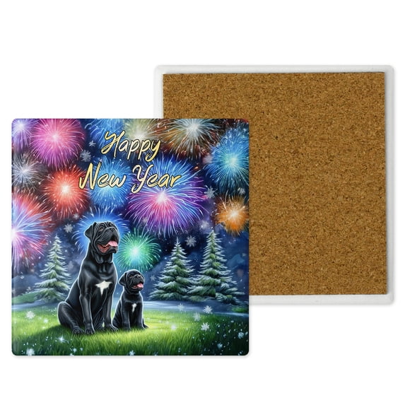 Happy New Year Cane Corso Family Cheer Winter Midnight Firework Set of 4 Stone Coasters Italian Mastiff Dog Lover Gifts Idea 4x4in Absorbent Soapstone Coaster - 02025