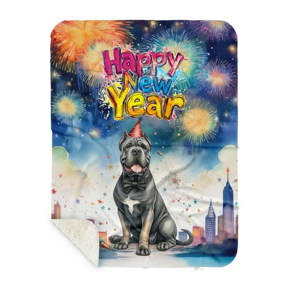 Happy New Year with Cane Corso Fireworks Holiday Xmas Winter 2025 Cozy Sherpa Blanket Italian Mastiff Dog Lover Gifts Idea Warm Soft Throw Blanket - 00025