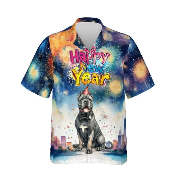 Happy New Year with Cane Corso Fireworks Holiday Xmas Winter 2025 Hawaiian Shirt Breathable Summer Unisex Merch Italian Mastiff Dog Lover Gifts Idea - 00025