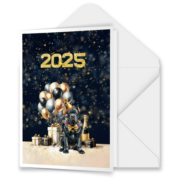Happy New Year Cane Corso Welcome 2025 Balloon Firework Party 5x7in Folded Greeting Card Italian Mastiff Dog Lover Gifts Idea Single Note Card with Envelope - 01014