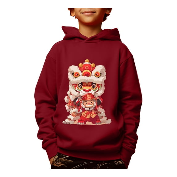 Happy New Year Cartoon Lion Dance Print Hoodies For Kid Boys - Casual Graphic Design With Stretch Fabric Pullover Sweatshirt
