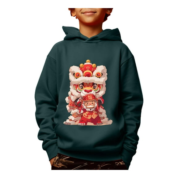 Happy New Year Cartoon Lion Dance Print Hoodies For Kid Boys - Casual Graphic Design With Stretch Fabric Pullover Sweatshirt