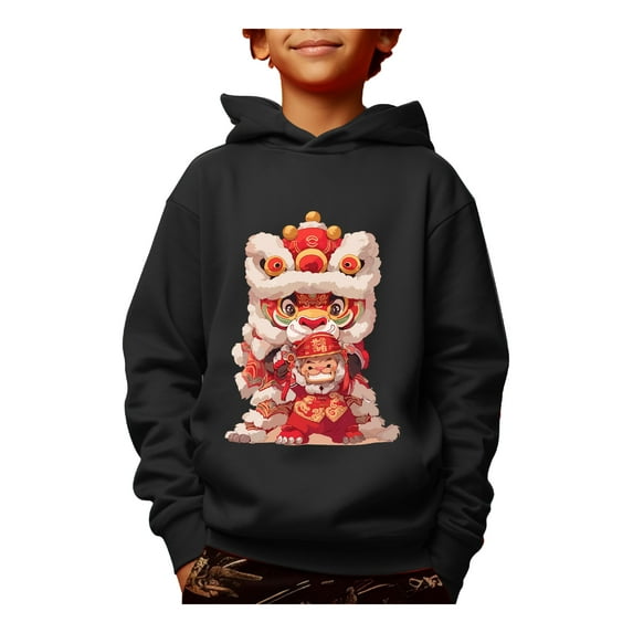 Happy New Year Cartoon Lion Dance Print Hoodies For Kid Boys - Casual Graphic Design With Stretch Fabric Pullover Sweatshirt
