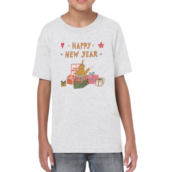 Happy New Year Cat W Presents T-Shirt Juniors -Image by Shutterstock, Medium