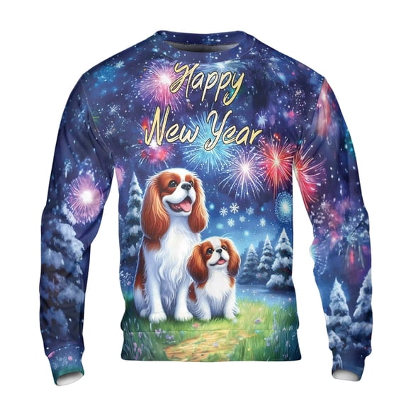 Happy New Year Cavalier King Charles Spaniel Family Cheer Winter Firework All Over Print 3D Sweatshirt Unisex Merch Dog Lover Gifts - 02025