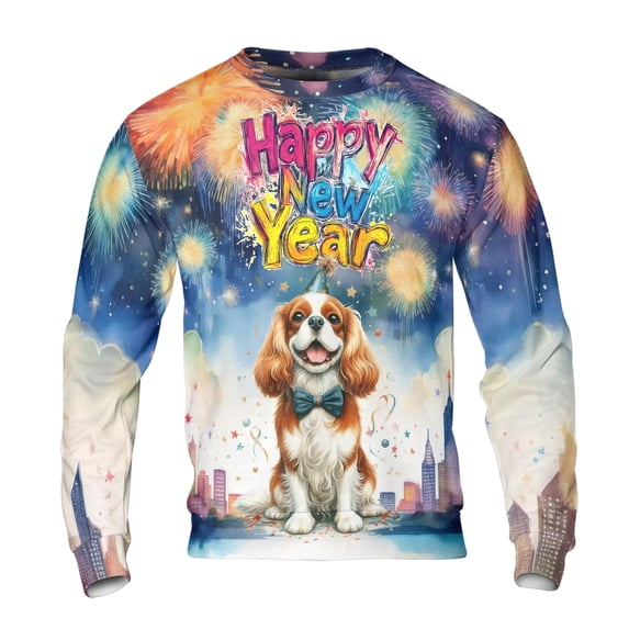 Happy New Year with Cavalier King Charles Spaniel Fireworks Holiday Xmas Winter 2025 All Over Print 3D Sweatshirt Unisex Merch Dog Lover Gifts - 00025